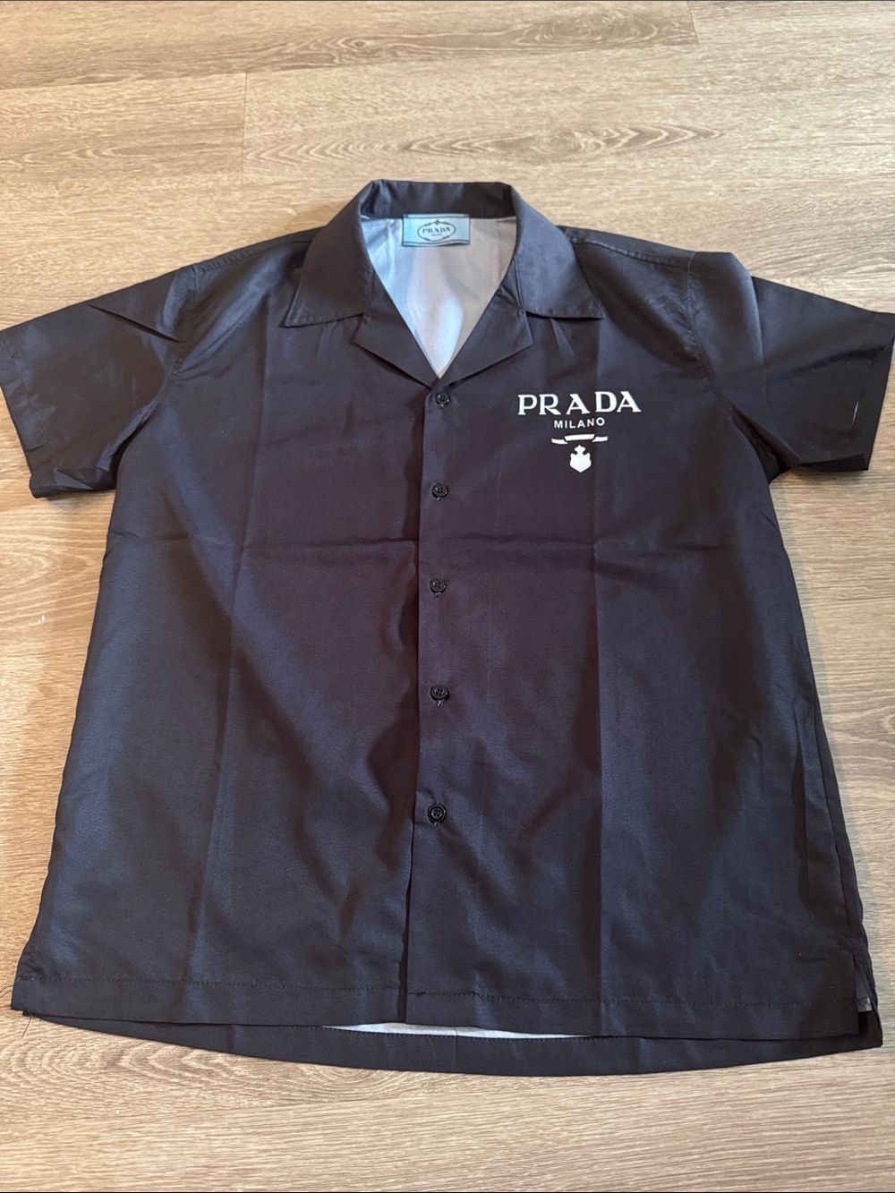 Prada Black Short-Sleeve Button Down Shirt with White Logo